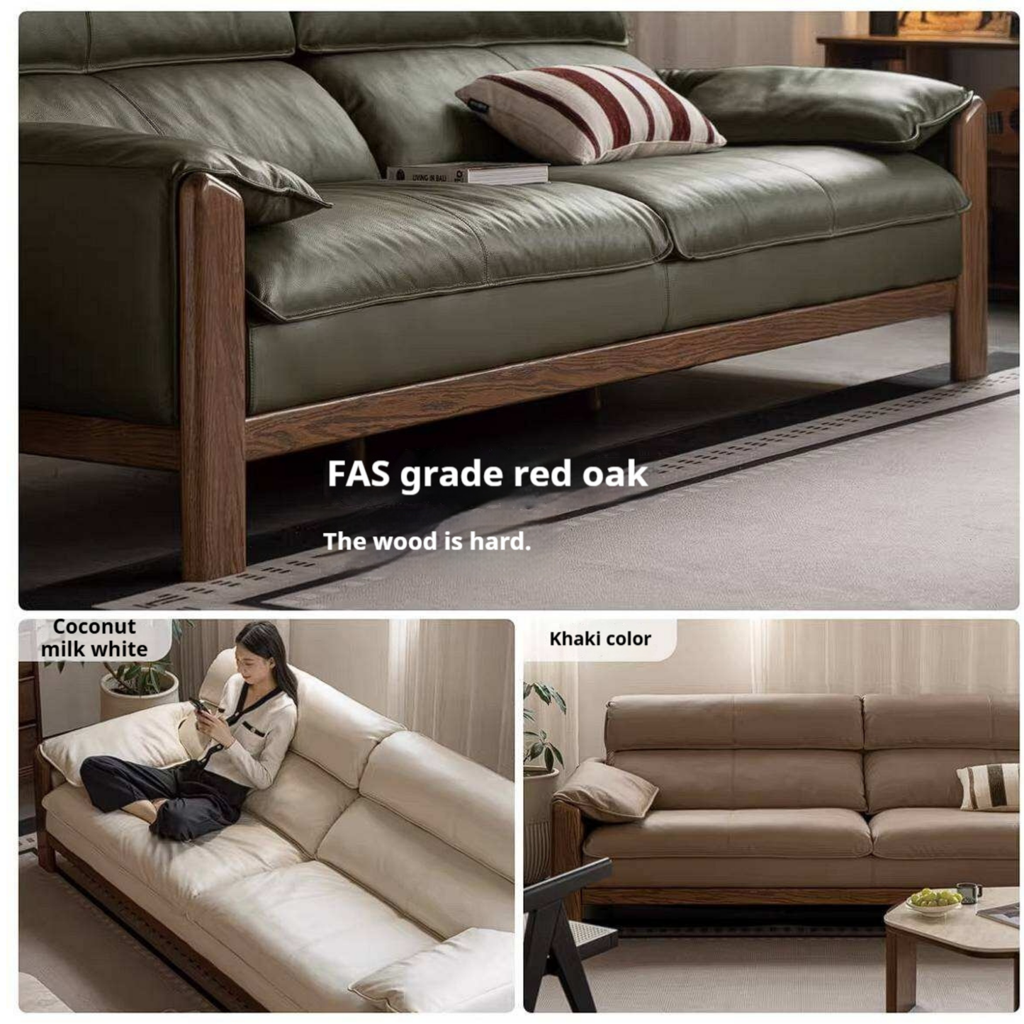 Oak Solid Wood, Sandalwood Sofa with Italian Light Luxury Leather Design
