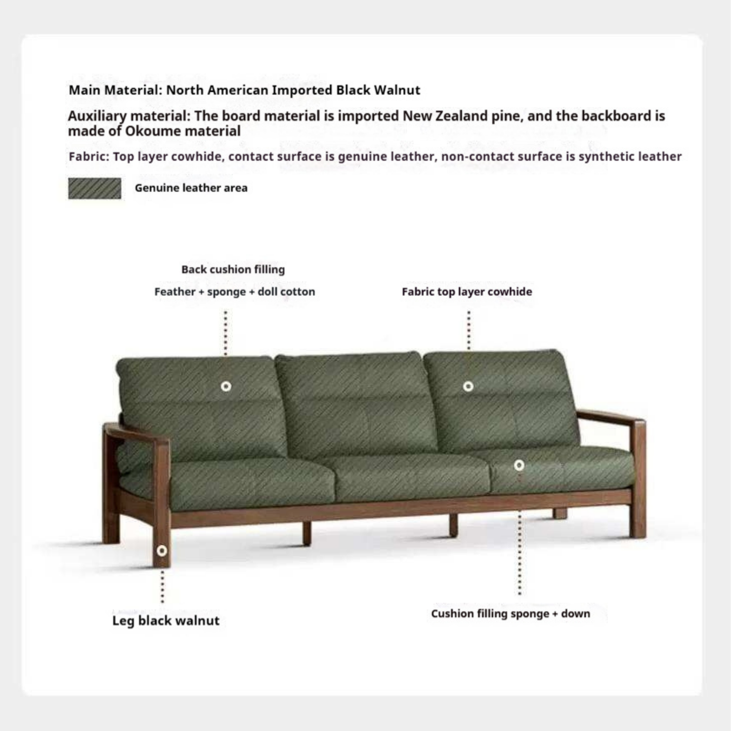 Black Walnut Solid Wood Sofa Genuine Leather with Luxury Design