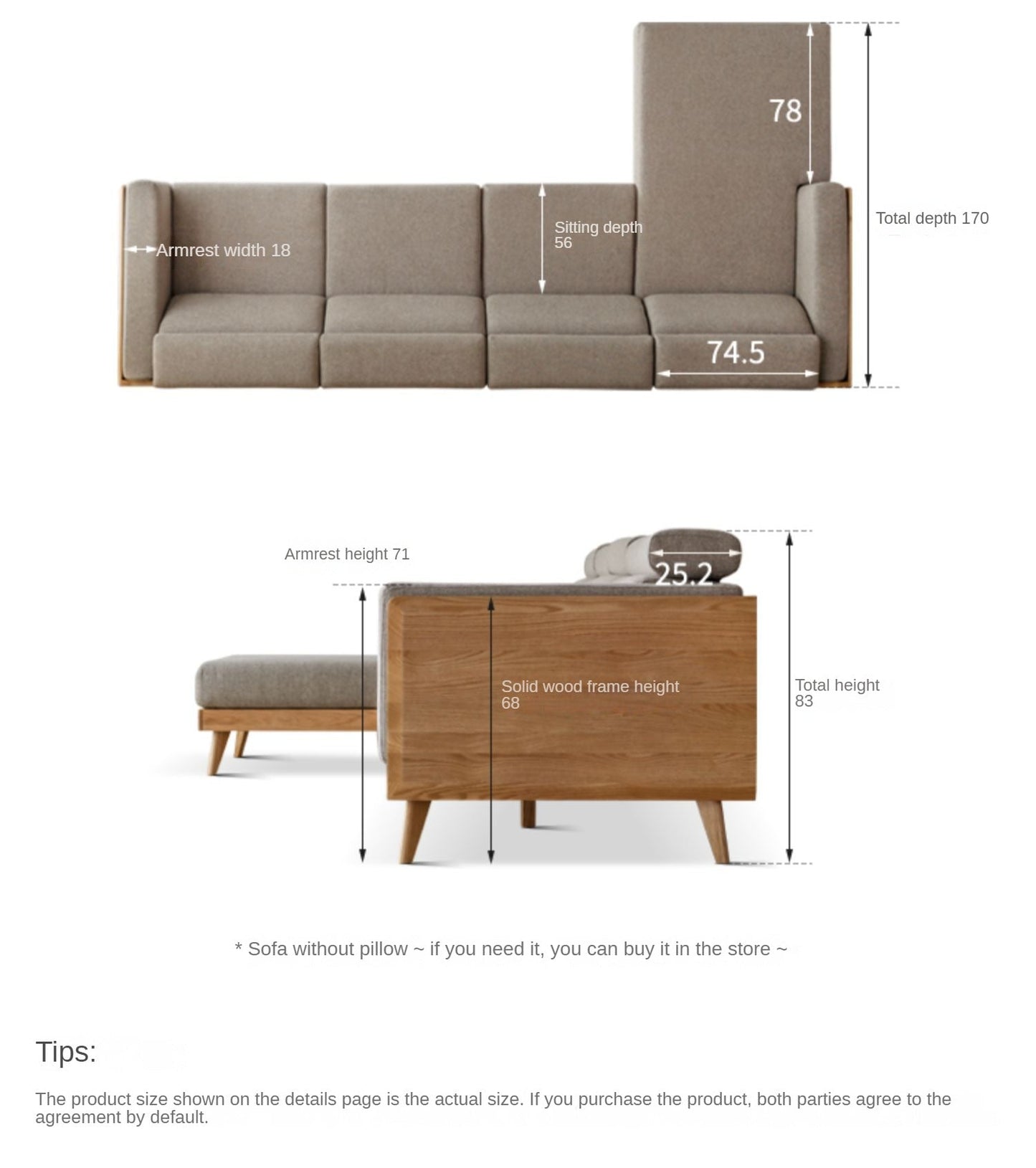 Oak, Ash Solid Wood Sofa with Adjustable Backrest