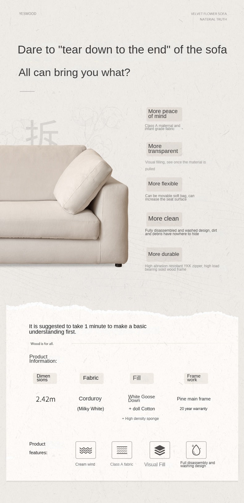 Soft Cream Upholstered Sofa