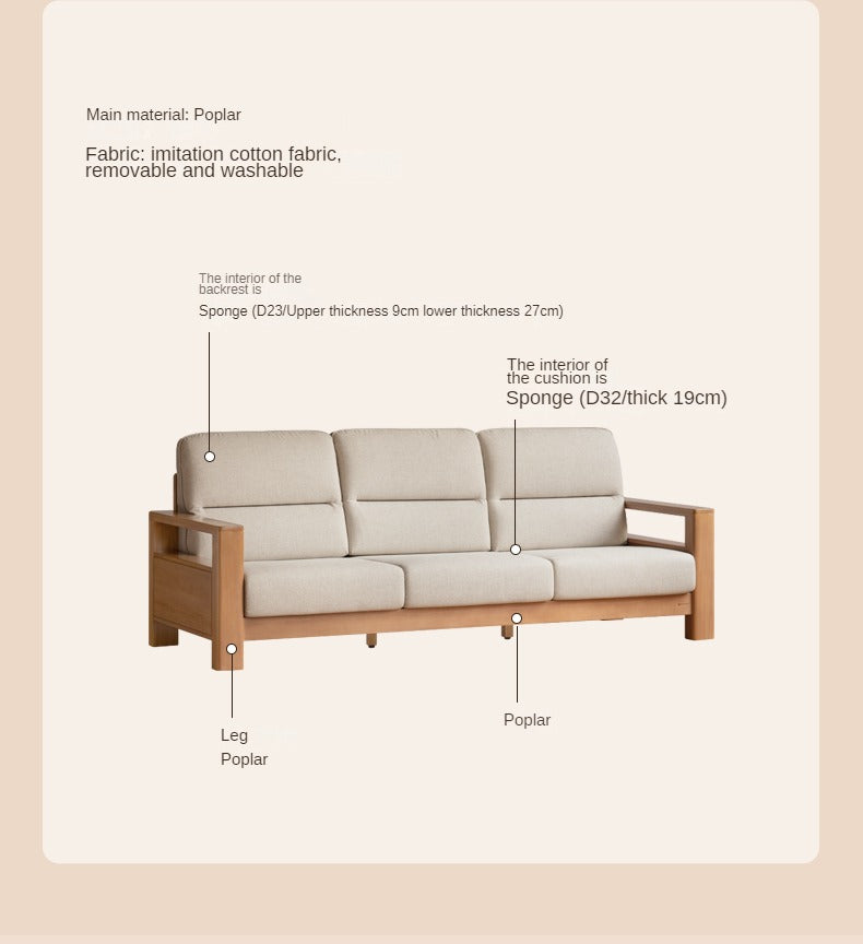 Poplar Solid Wood Sofa Modern Simple High Back Fabric Sofa